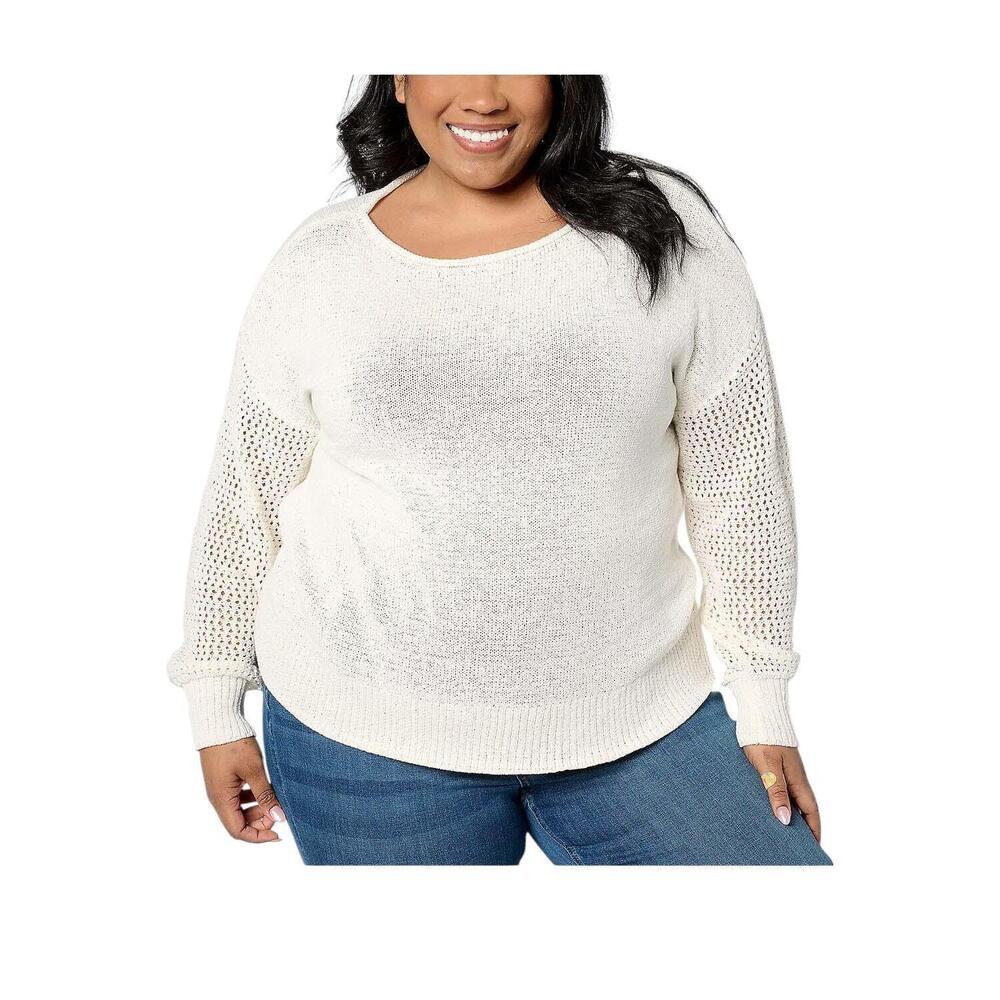 Destination 365 Women's Boatneck Drop Shoulder Open-Work Sweater White - Regular